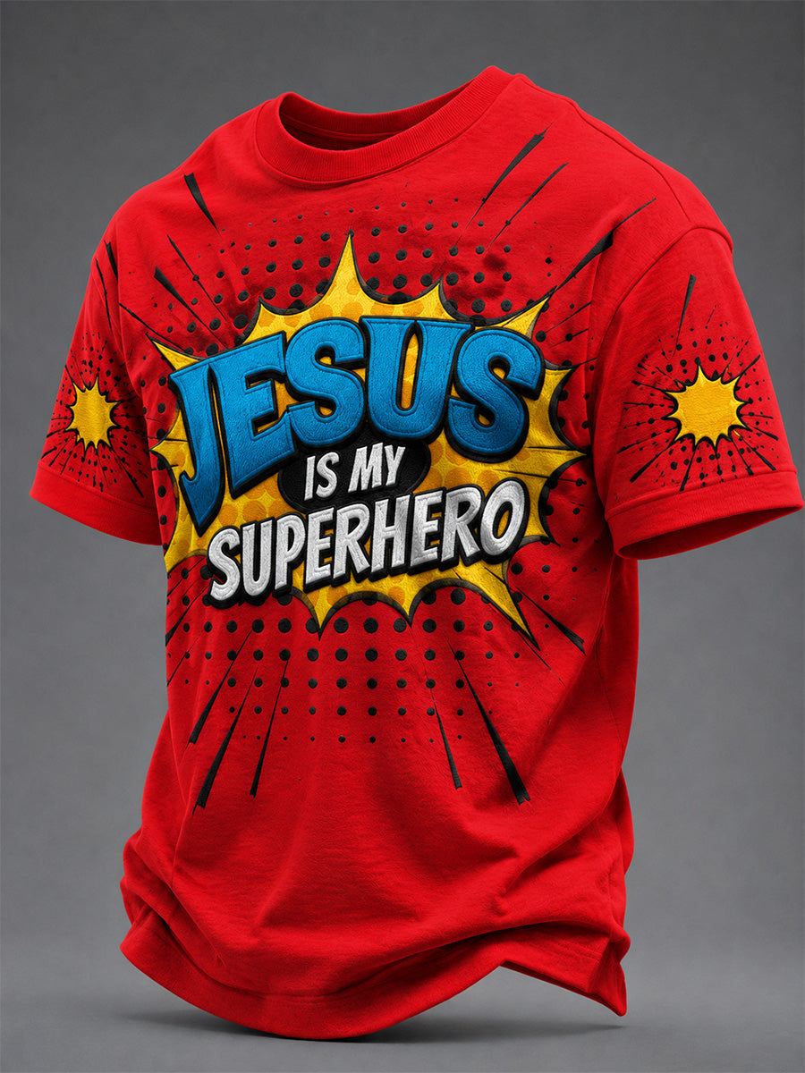 Men's Jesus Is My Superhero Print Casual Tee