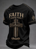 Herren T-Shirt mit Aufdruck „Christian Faith Over Fear Cross“, Kurzarm
