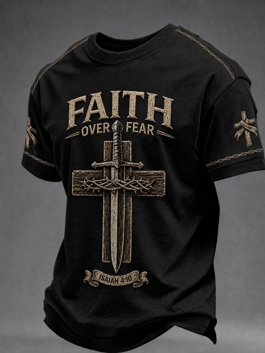 Herren T-Shirt mit Aufdruck „Christian Faith Over Fear Cross“, Kurzarm